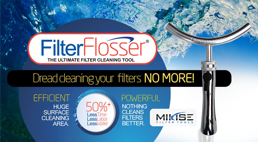 Filter Flosser cartridge filter cleaner tool connected to garden hose, cleaning a pool or hot tub filter with high-pressure water spray