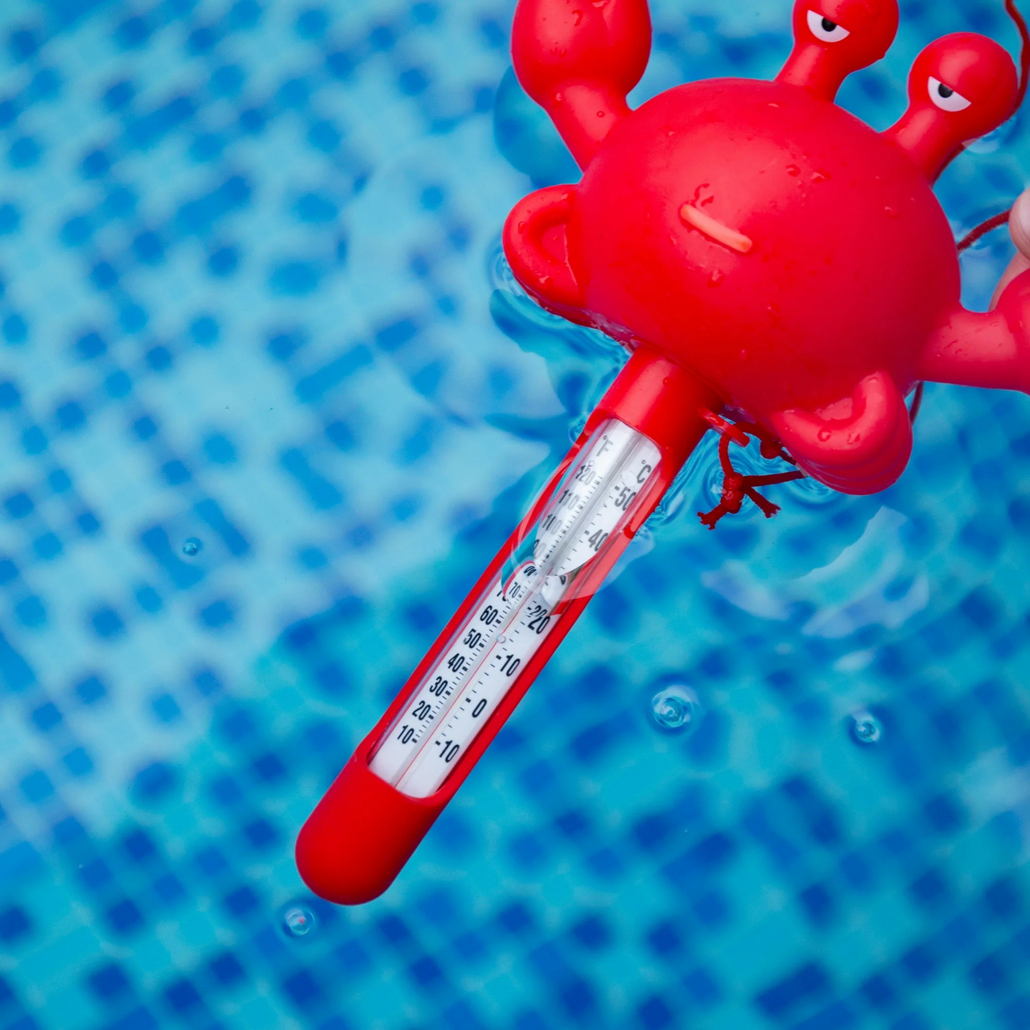Red thermometer with a cartoonish design floating in water