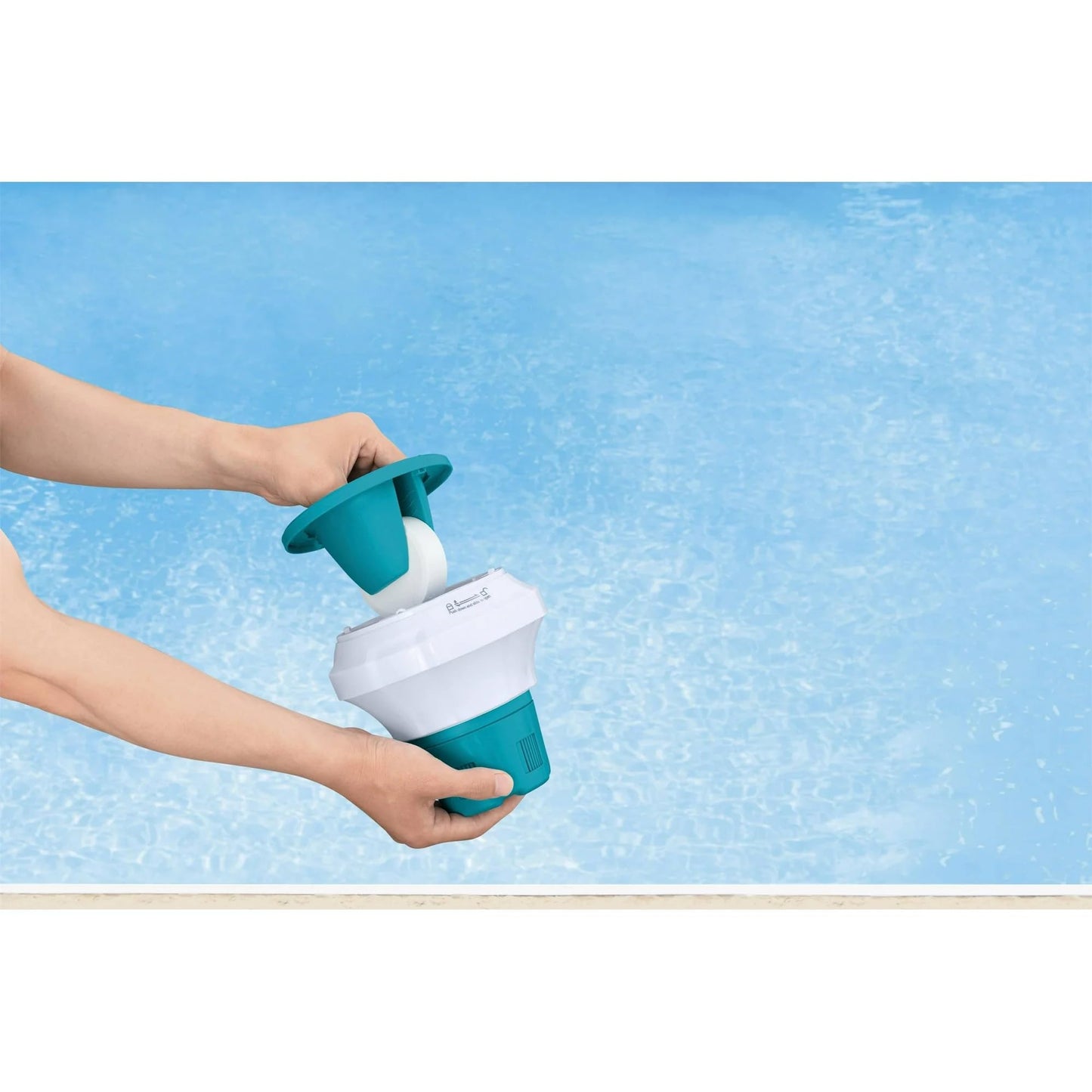 floating chlorinator for three inch tabs with a chemical glove