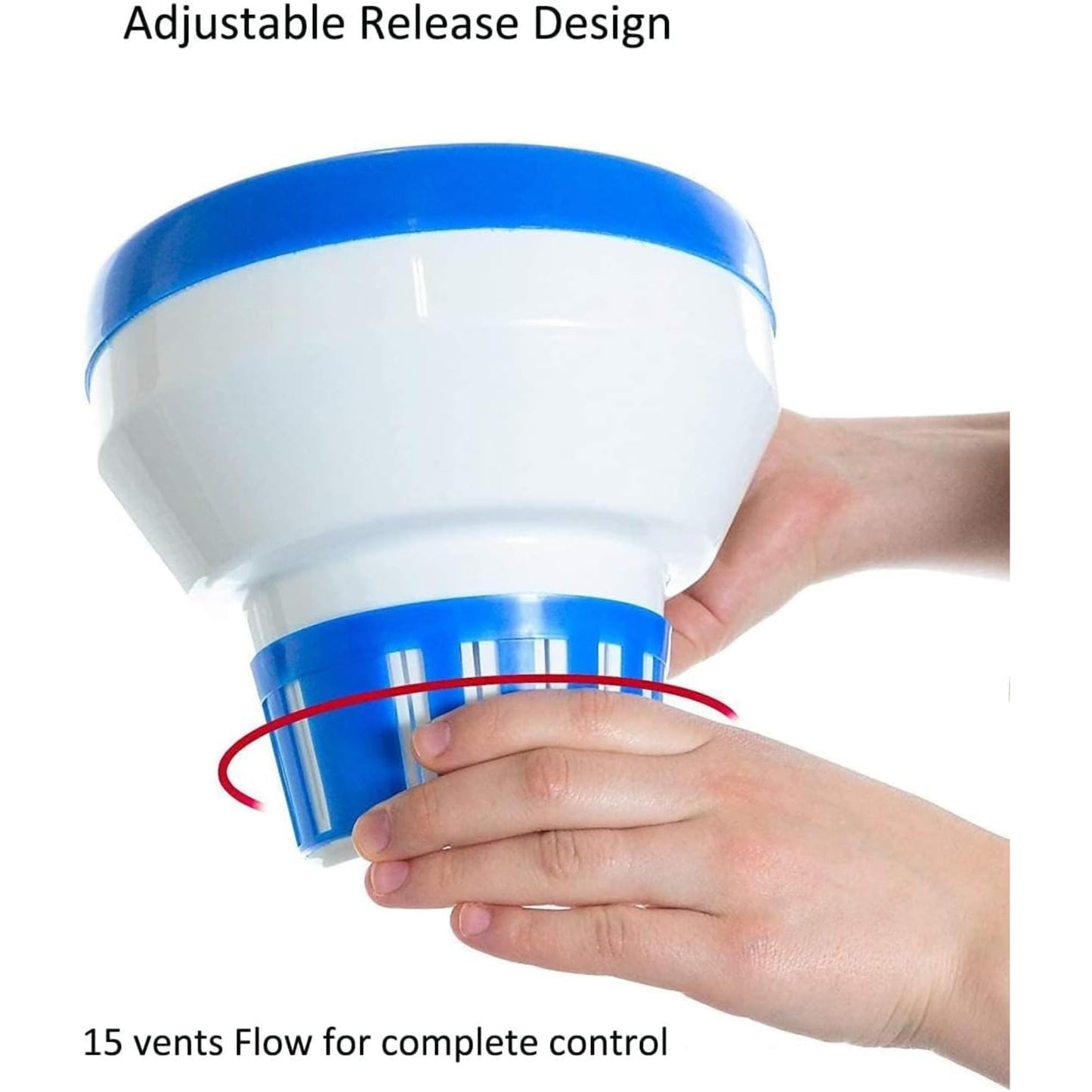 Hand holding a blue and white device with adjustable release design on a white background
