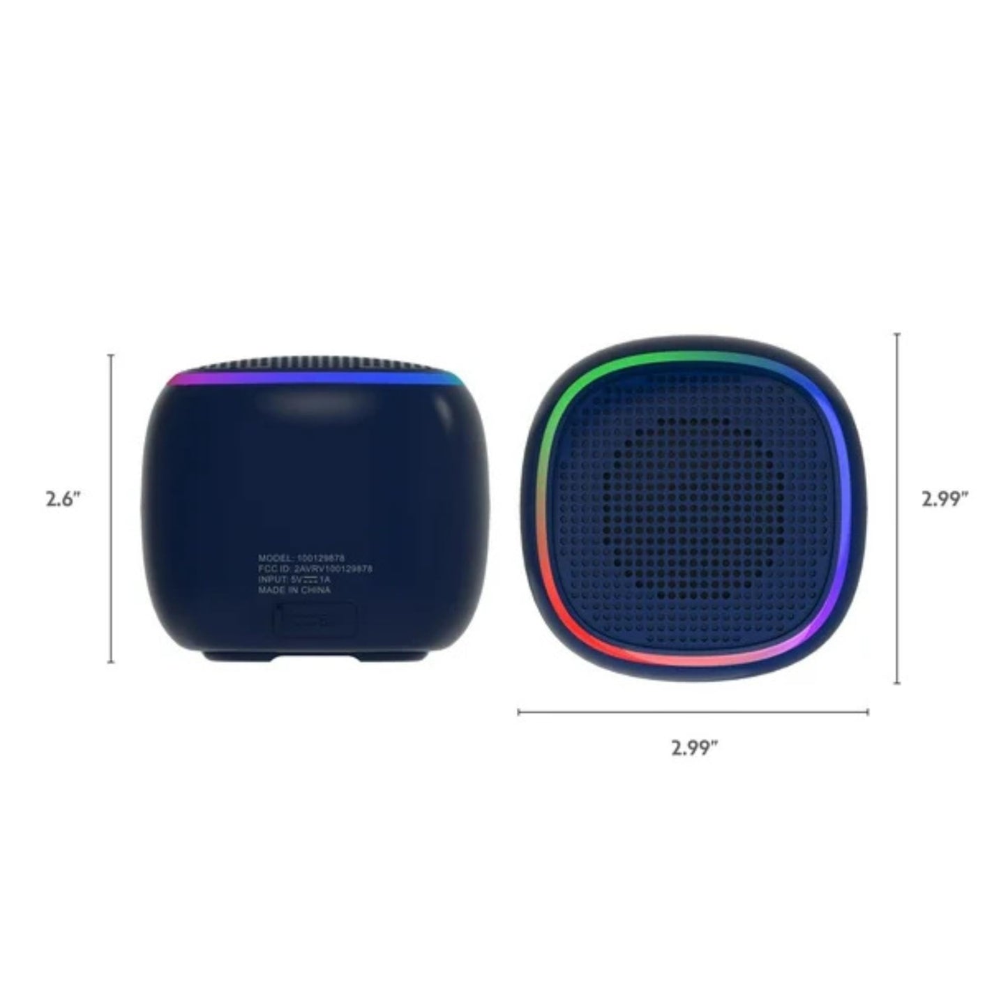 Two small speakers with dimensions indicated on a white background