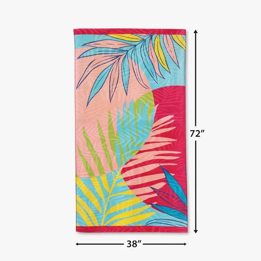 Oversized Printed Palm Leaf 100% Cotton Coral Beach Towel, 38” x 72"