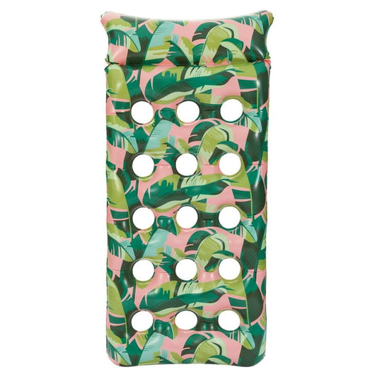Inflatable pool float with tropical leaf pattern on a white background