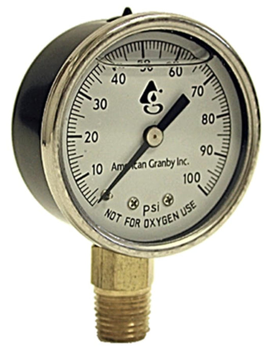 Pressure gauge with brand name 'American Granby Inc.' on a white background. liquid filled