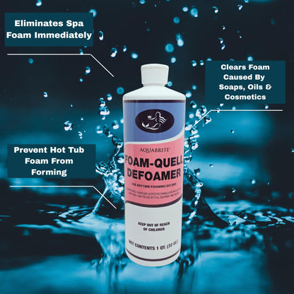 Aquabrite Foam-Quel Defoamer bottle with water droplets and text information on a dark background