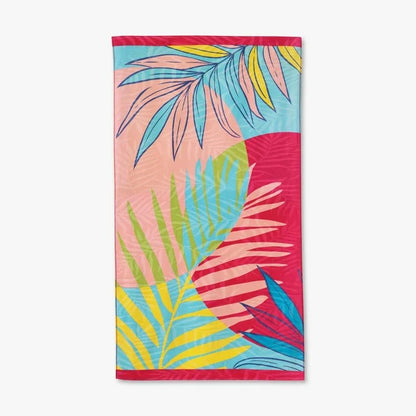 Oversized Printed Palm Leaf 100% Cotton Coral Beach Towel, 38” x 72"