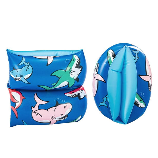 Inflatable arm bands with shark pattern on a white background