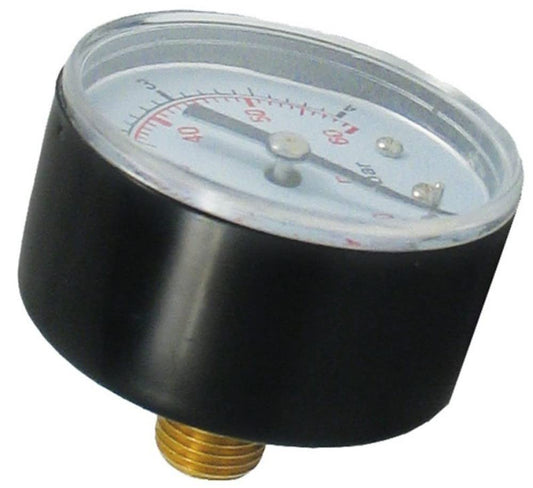 Pressure gauge with black body and gold threaded connection on a white background