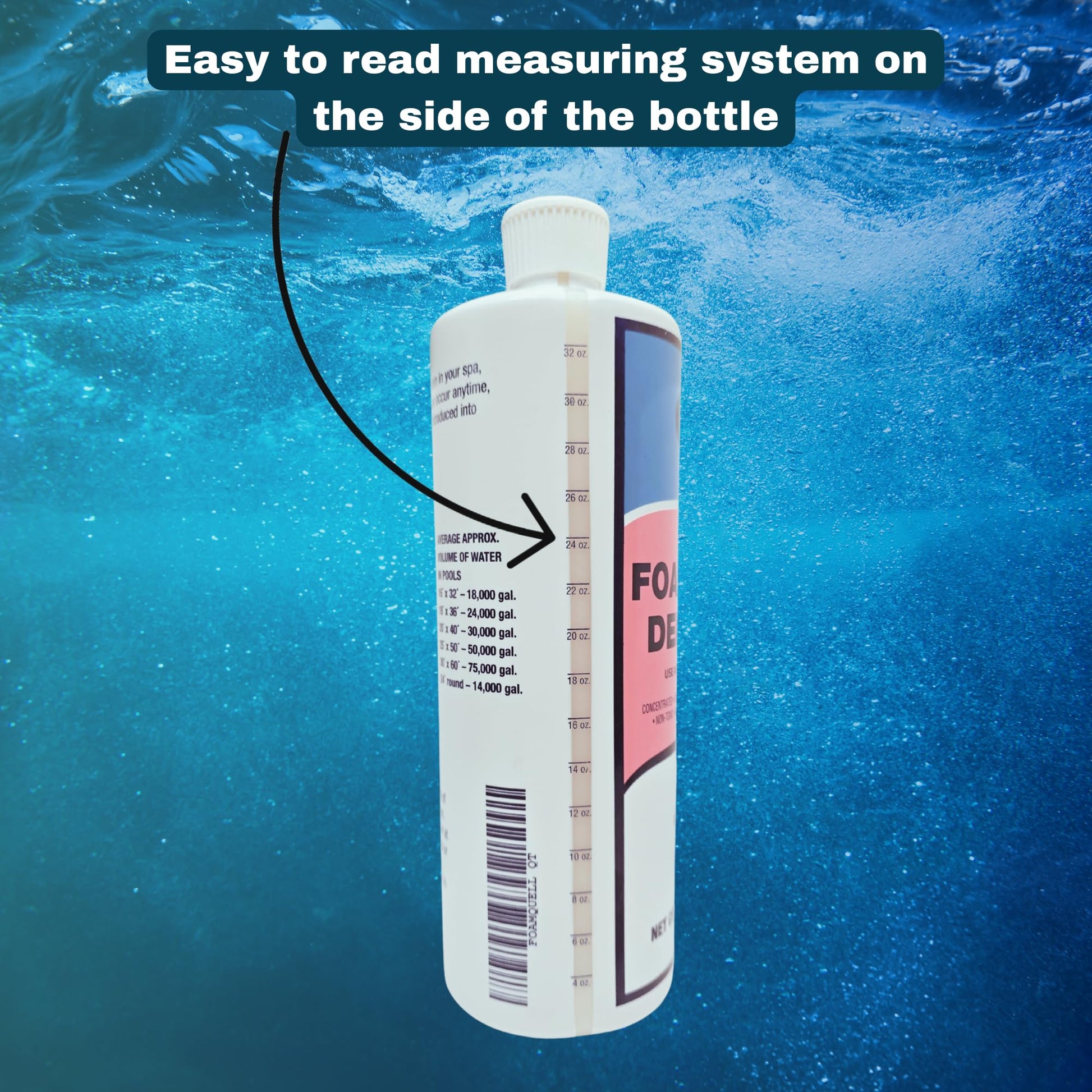 Bottle with measurement scale on a blue underwater background