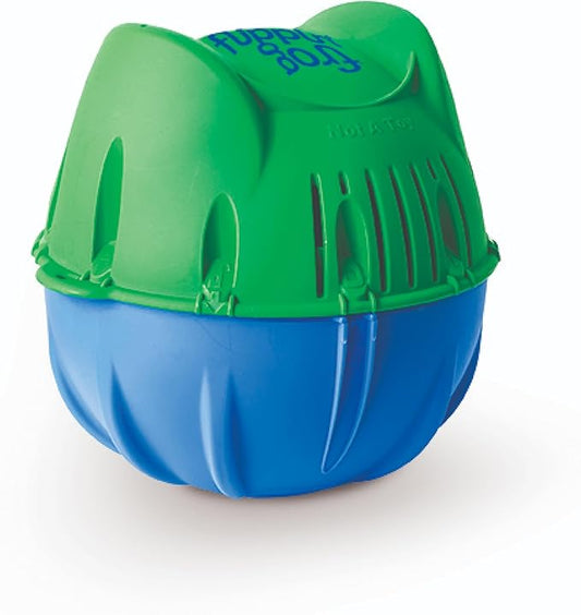 Blue and green plastic container with a lid on a white background. Flipinig rog 