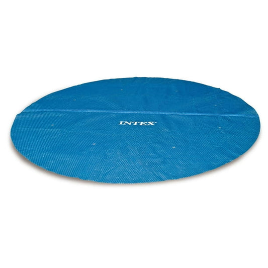 Blue round pool cover with Intex branding on a white background