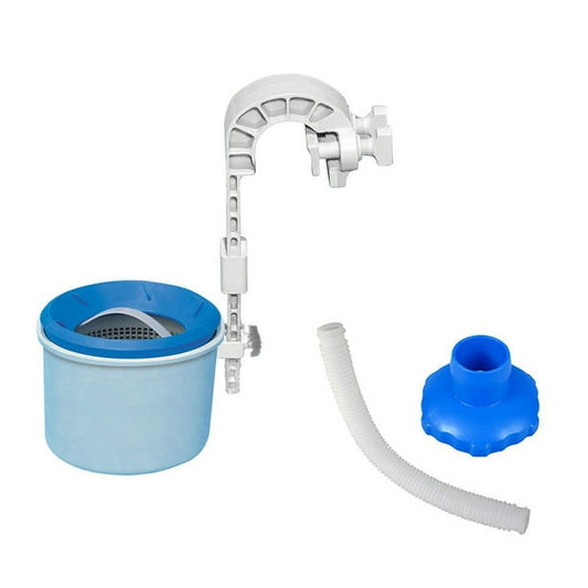 Pool filter cleaning kit with blue filter housing, white hose, and bracket on a white background