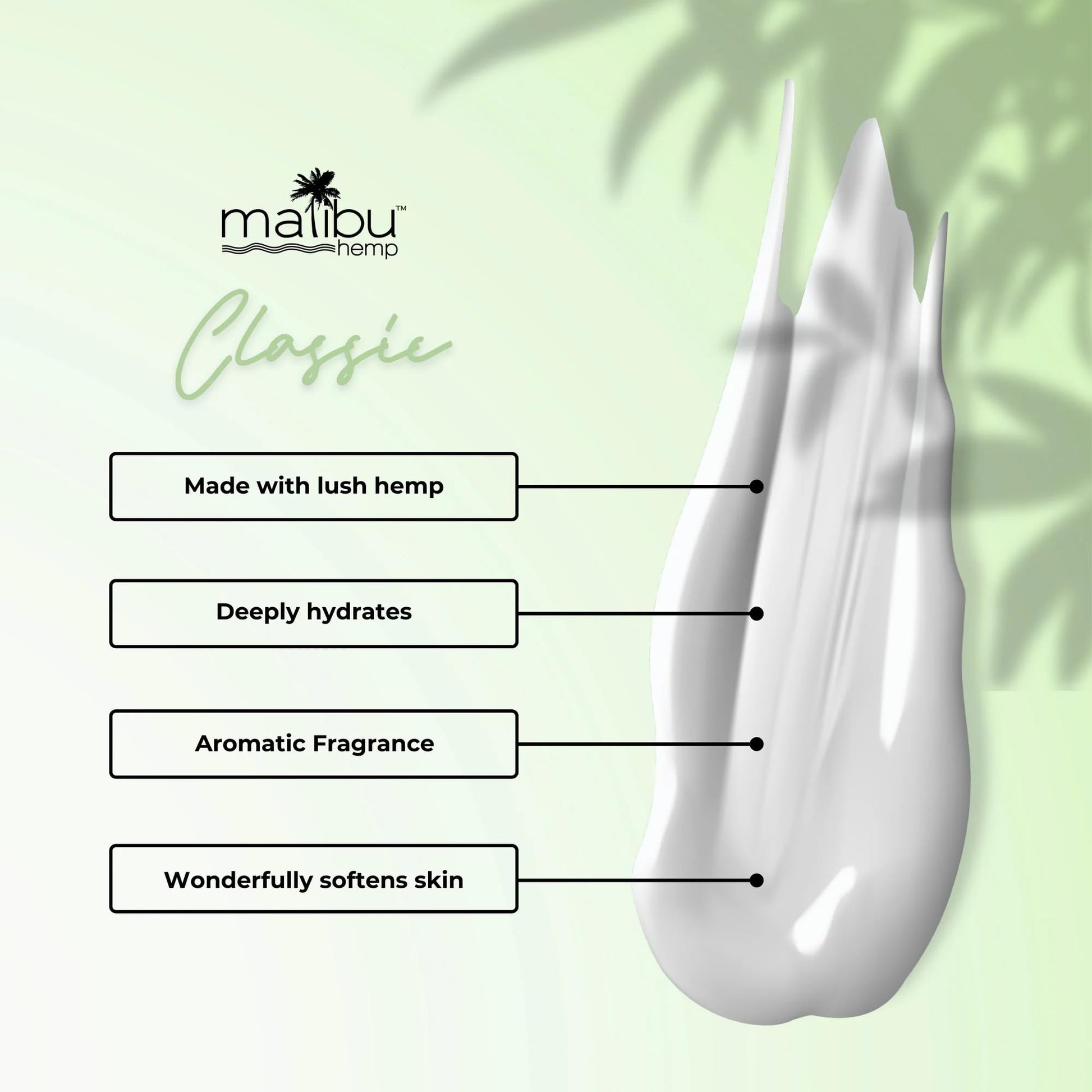 Malibu Hemp Classic product with text highlighting features on a green background