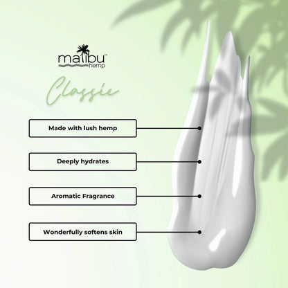 Malibu Hemp Classic product with text highlighting features on a green background