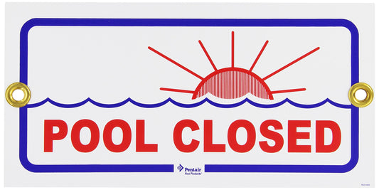 Pool closed sign with red sun and water design on a white background