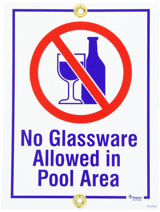 Sign with no glassware allowed in pool area symbol and text