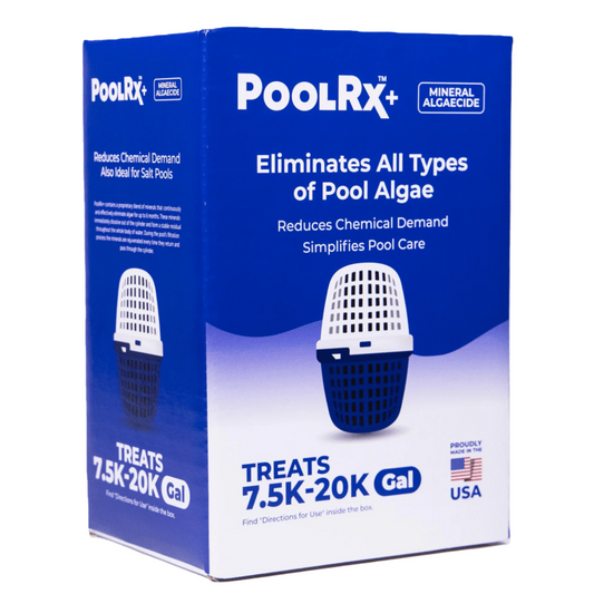 Box of PoolRX mineral algaecide with blue and white design