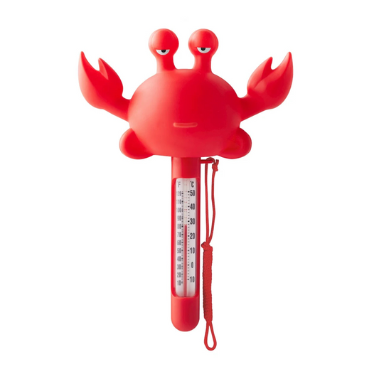 Red crab-shaped thermometer on a white background for reading pool temp