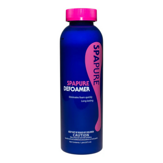 SpaPure defoamer bottle with blue body and pink cap on a white background