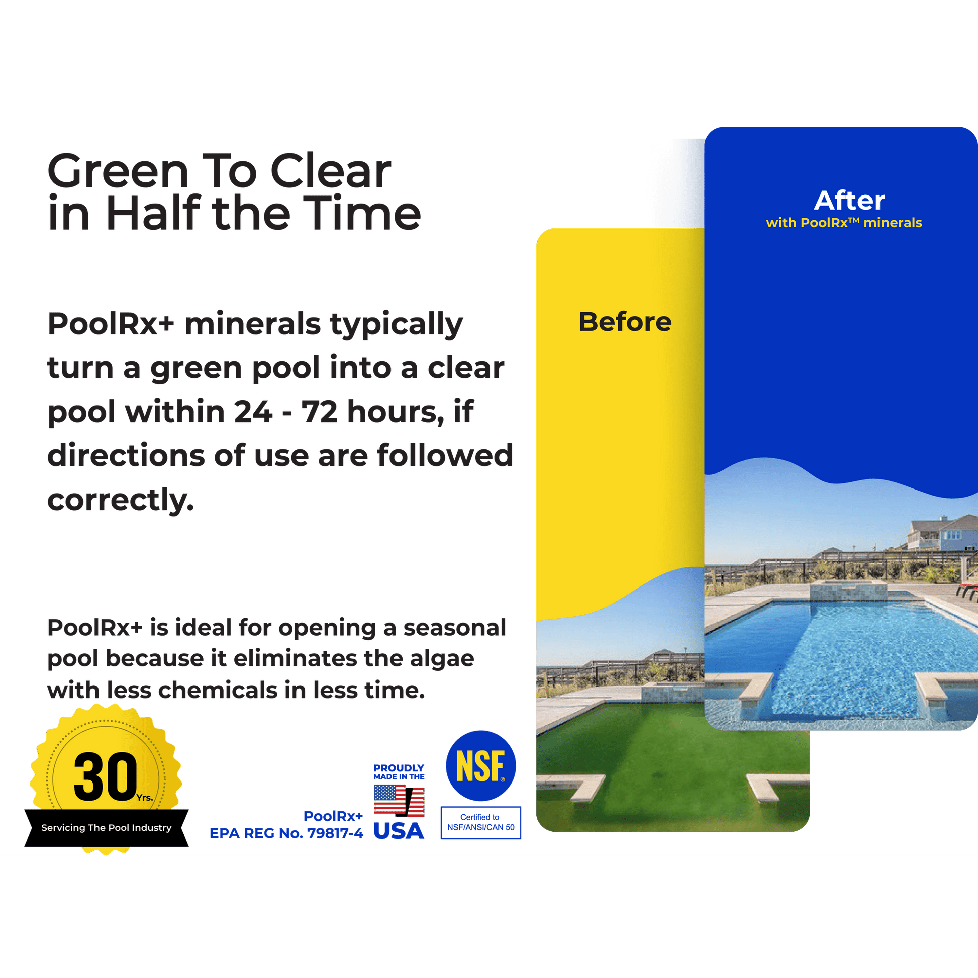 Advertisement for PoolRx+ minerals showing a green pool turning clear with text and images of a pool.