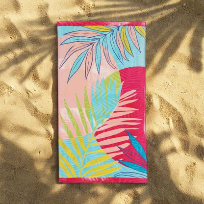 Oversized Printed Palm Leaf 100% Cotton Coral Beach Towel, 38” x 72"