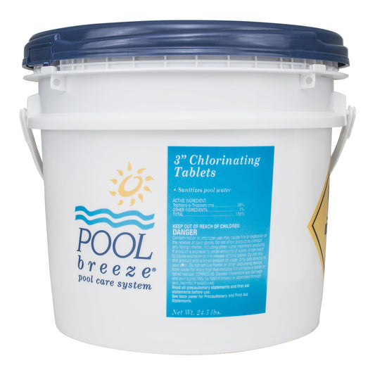 White bucket of Pool Breeze chlorinating tablets with blue label on a white background