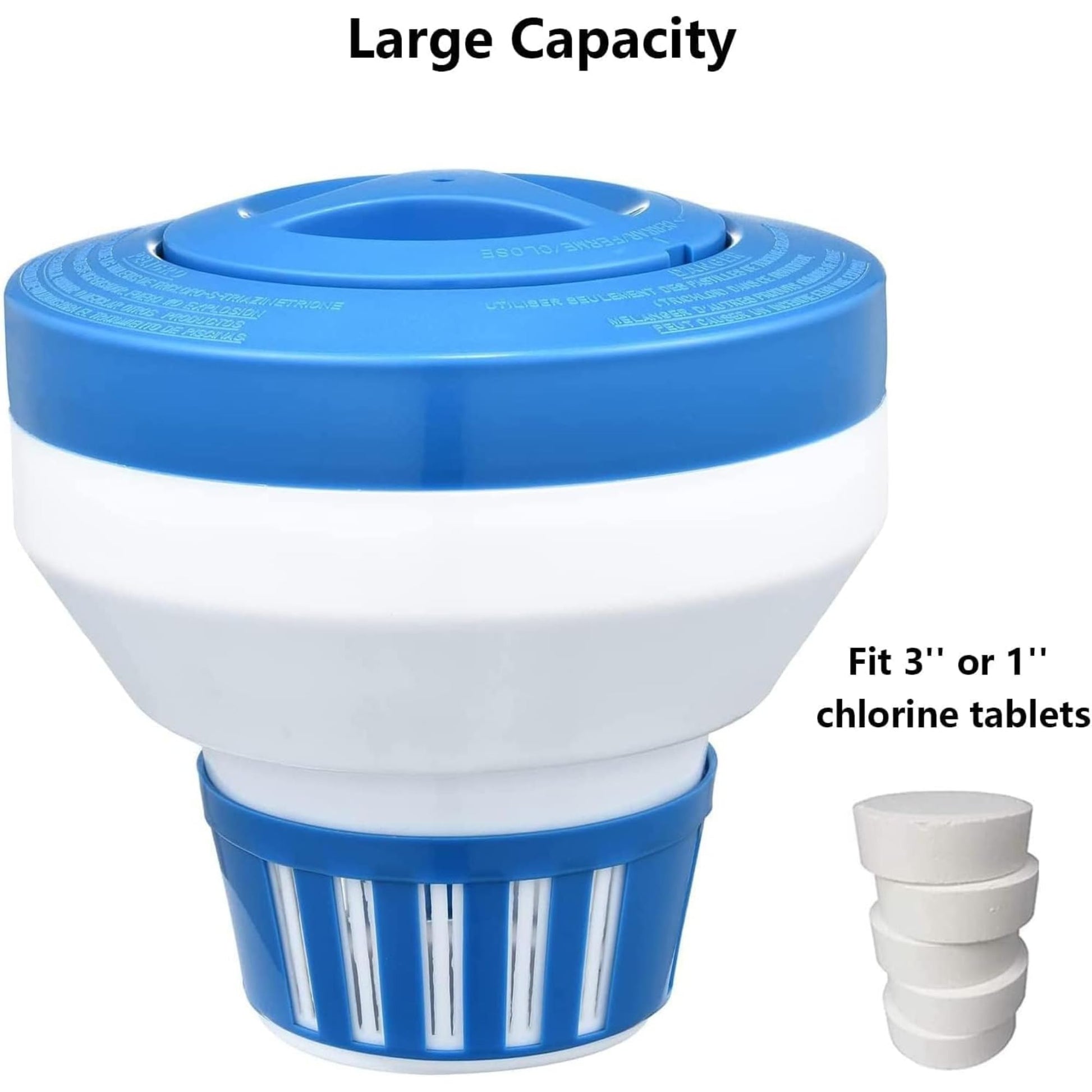 Blue and white pool chlorine tablet dispenser with text indicating large capacity and compatibility with chlorine tablets.