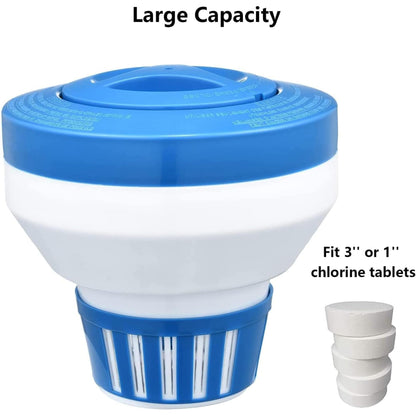 Blue and white pool chlorine tablet dispenser with text indicating large capacity and compatibility with chlorine tablets.