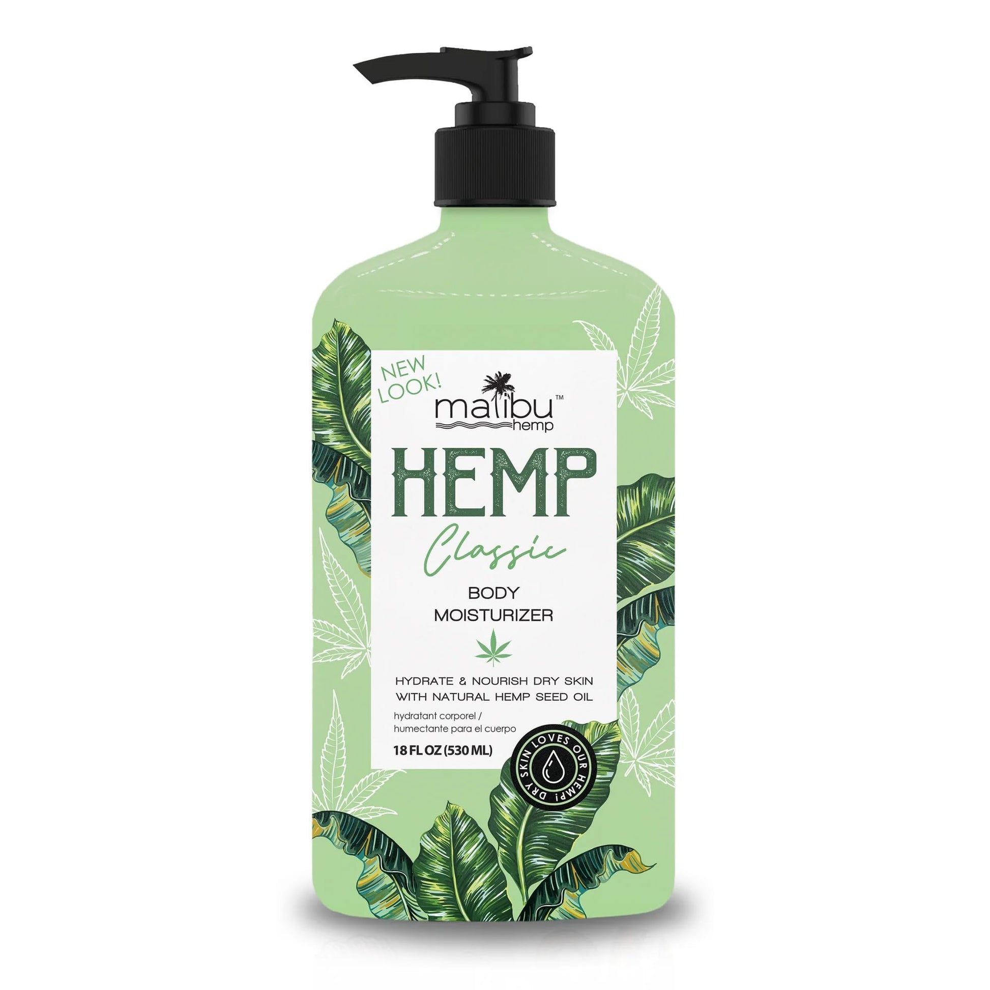 Green bottle of Malibu Hemp Classic Body Moisturizer with pump on a white background