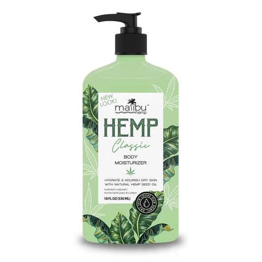 Green bottle of Malibu Hemp Classic Body Moisturizer with pump on a white background