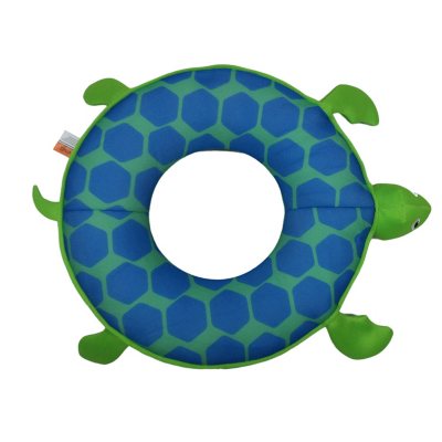 Green and blue inflatable turtle float on a white background mesh float
