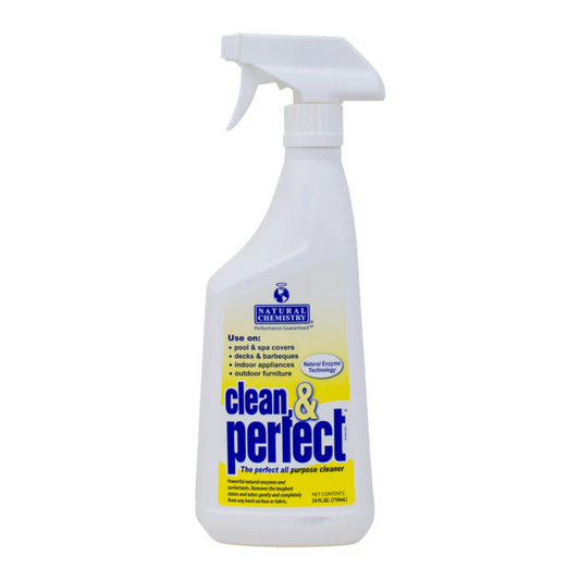 Spray bottle labeled 'Clean & Perfect' on a white background