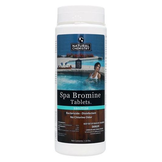 Bottle of Spa Bromine Tablets with a pool and person on the label against a white background