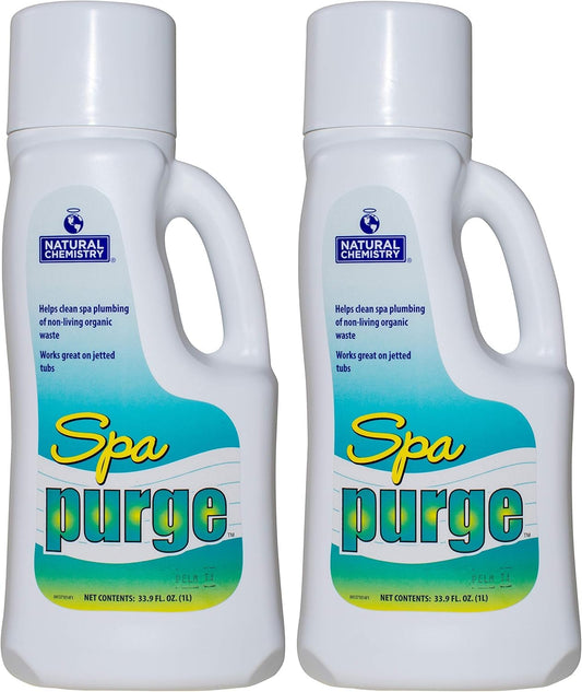 Two bottles of Spa Purge cleaning product on a white background