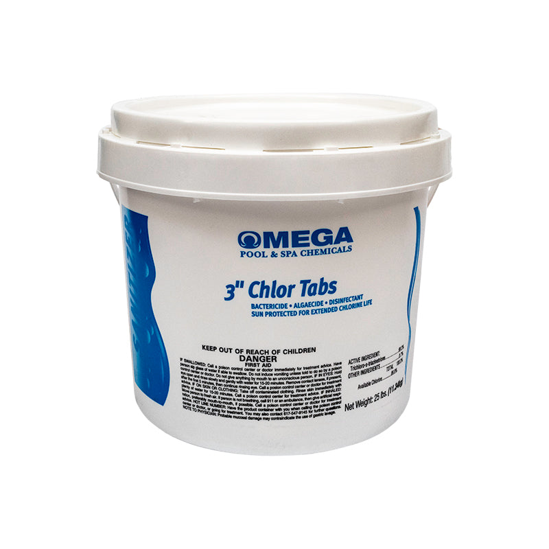 White bucket labeled 'Omega Pool & Spa Chemicals' containing 3-inch chlor tabs on a white background.