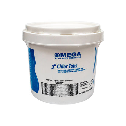 White bucket labeled 'Omega Pool & Spa Chemicals' containing 3-inch chlor tabs on a white background.