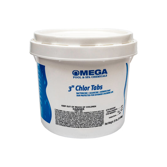White bucket labeled 'Omega Pool & Spa Chemicals' containing 3-inch chlor tabs on a white background.