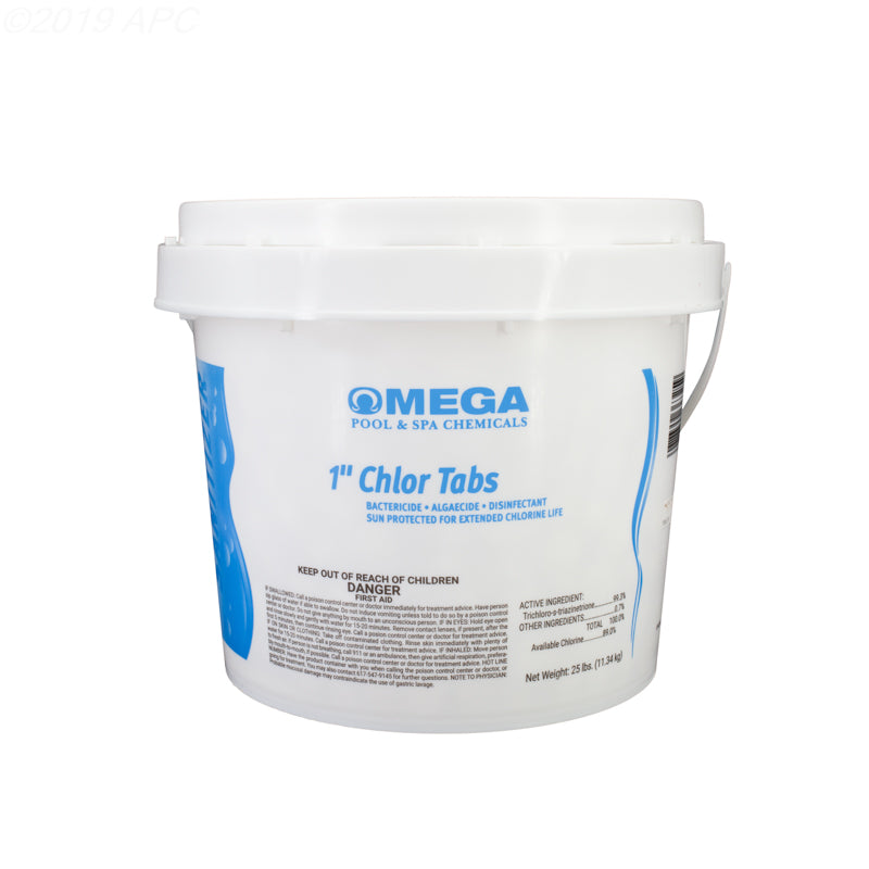 White bucket labeled 'Omega Pool & Spa Chemicals' containing chlor tabs on a white background