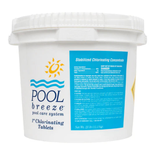 White bucket of Pool Breeze pool care system with blue label on a white background