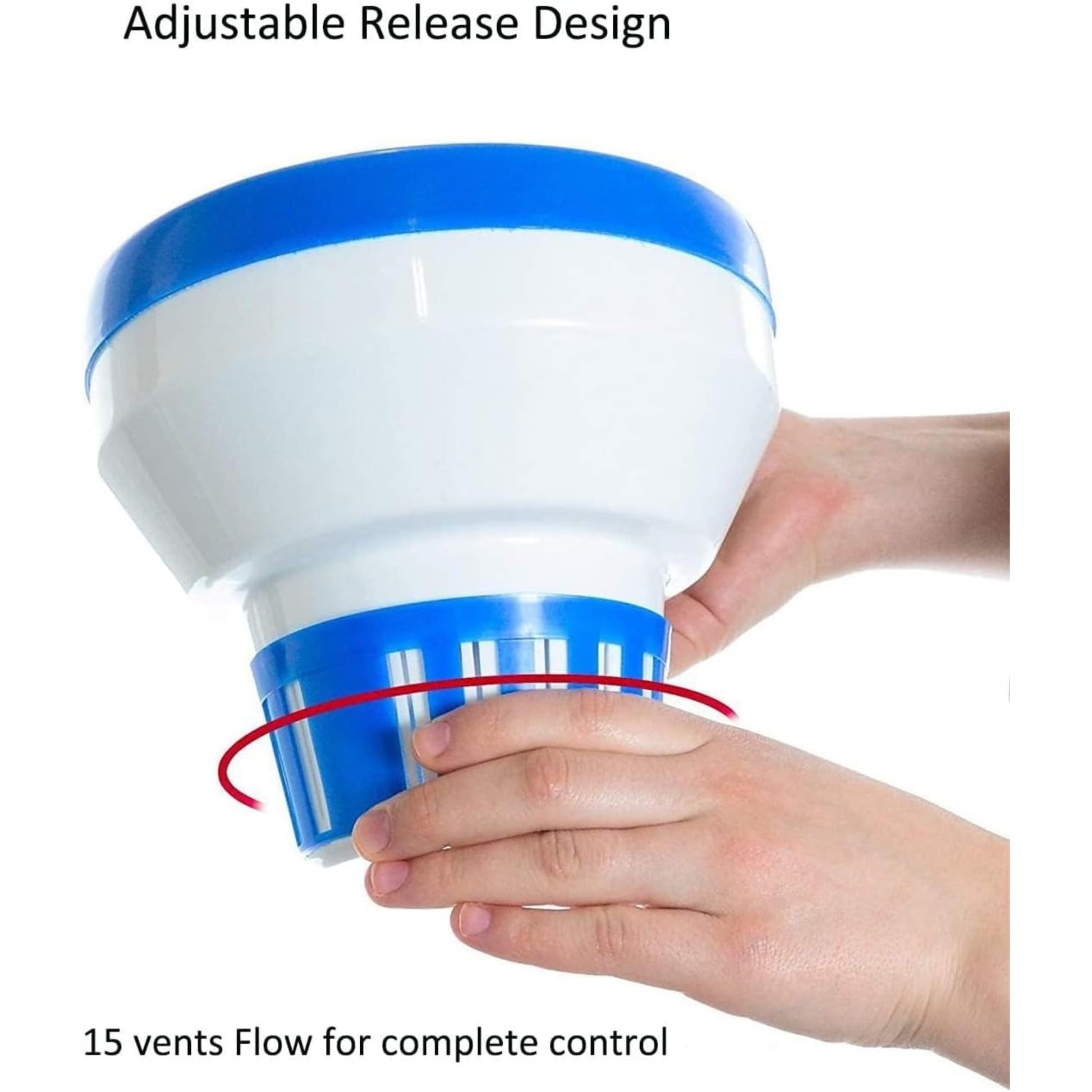 Hand holding a blue and white device with adjustable release design on a white background