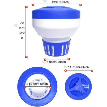 Blue and white device with measurements on a white background