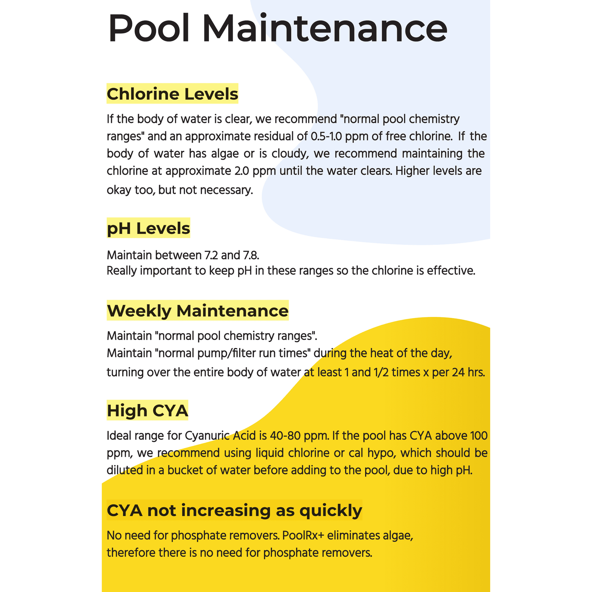 Pool maintenance guidelines with text on chlorine, pH levels, and weekly maintenance.