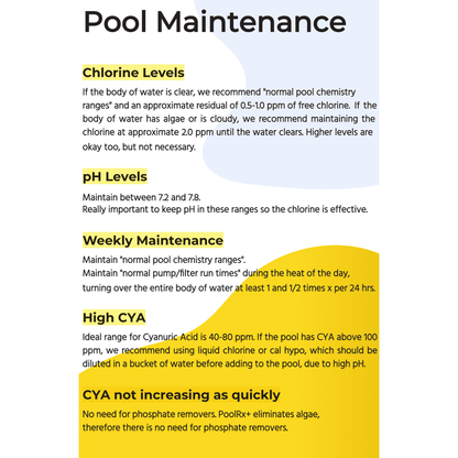 Pool maintenance guidelines with text on chlorine, pH levels, and weekly maintenance.