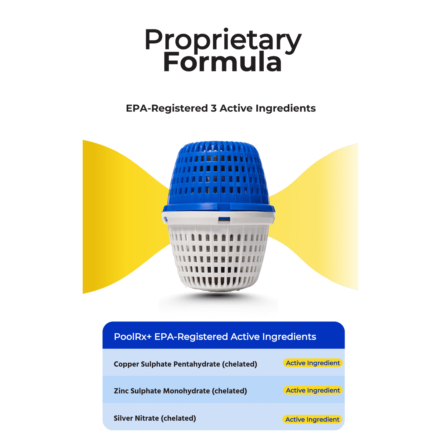 Product packaging with blue and white container on a green and yellow background, featuring text about EPA-registered active ingredients.