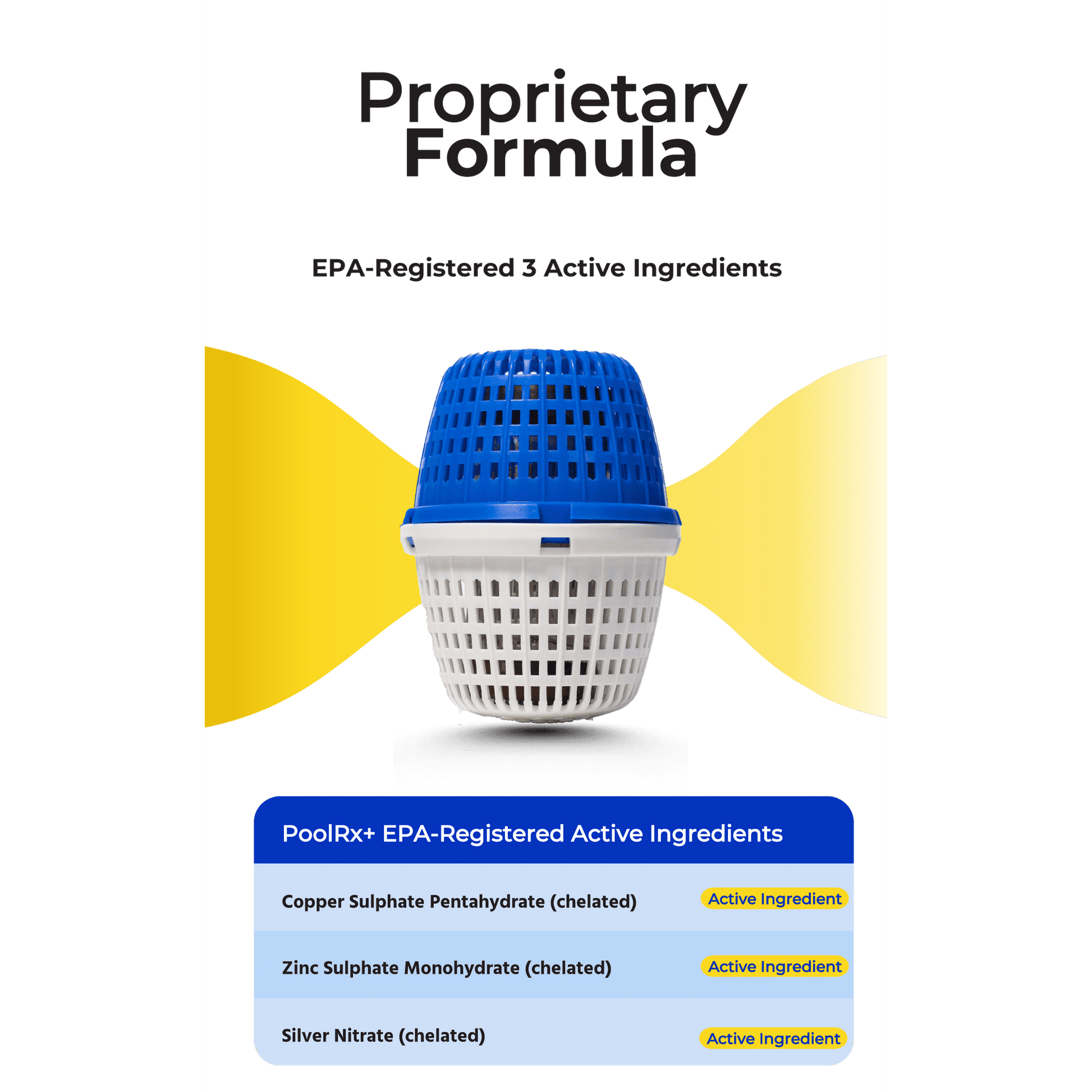 Product packaging with blue and white container on a green and yellow background, featuring text about EPA-registered active ingredients.