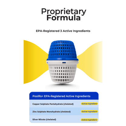 Product packaging with blue and white container on a green and yellow background, featuring text about EPA-registered active ingredients.
