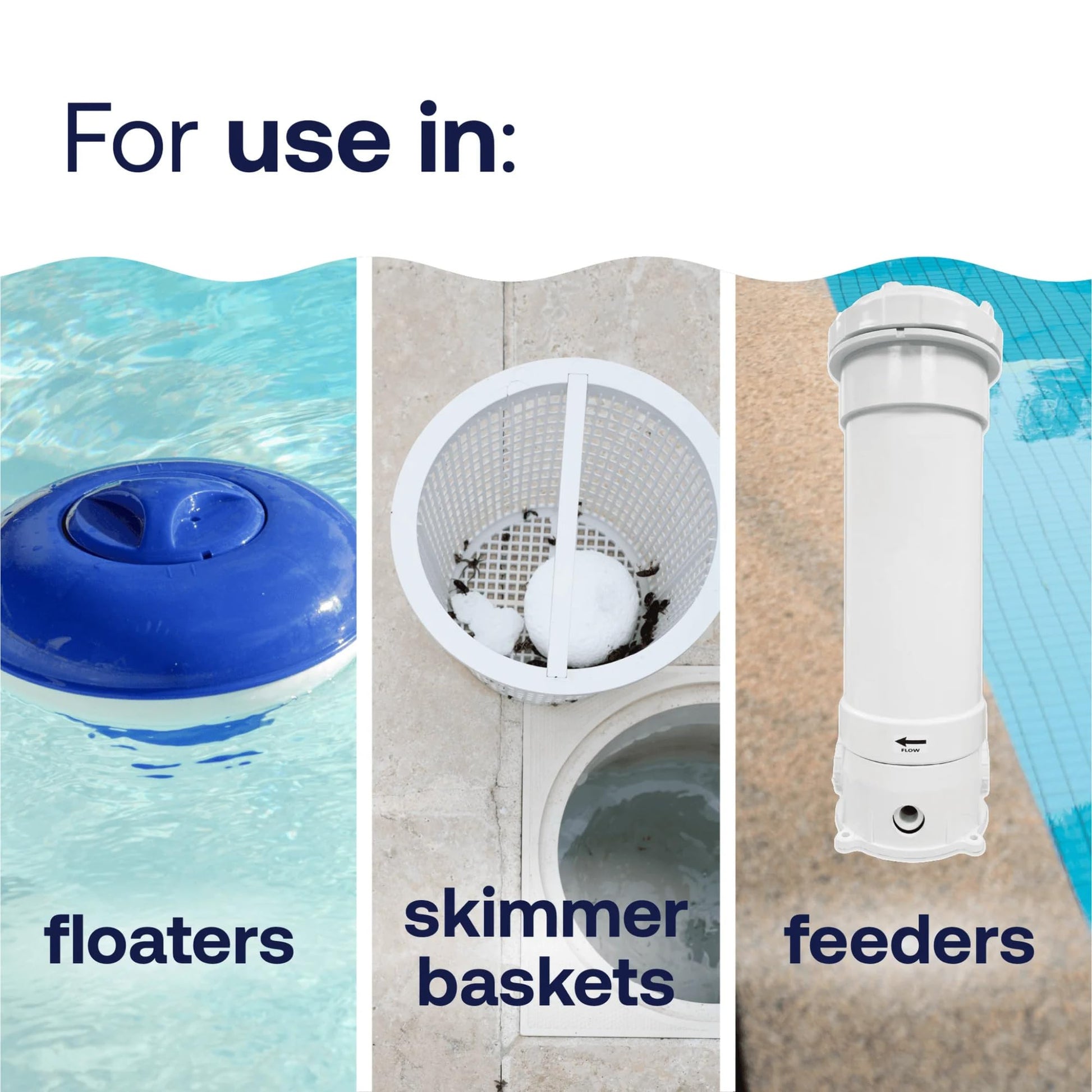Pool cleaning product with text indicating use in floaters, skimmer baskets, and feeders.