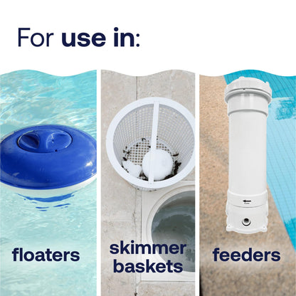Pool cleaning product with text indicating use in floaters, skimmer baskets, and feeders.