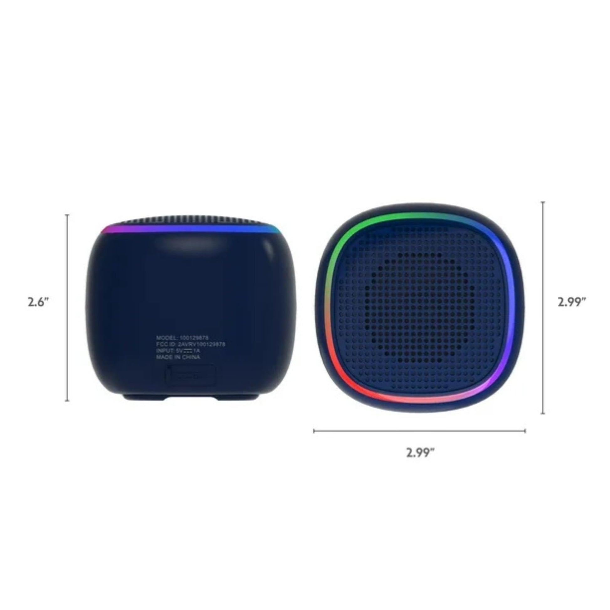 Two small speakers with dimensions indicated on a white background