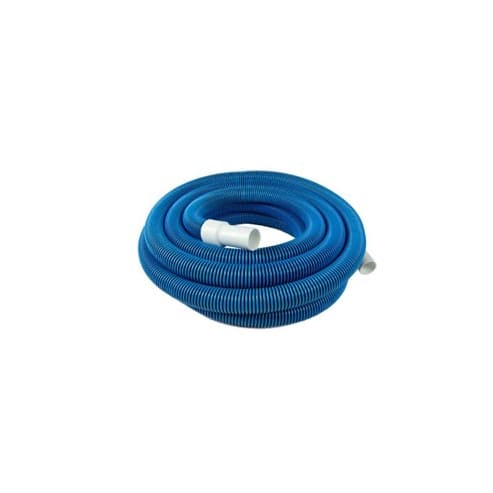 Blue pool hose with white connectors on a white background